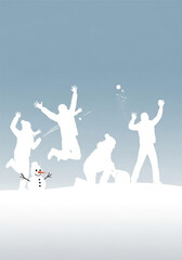 White silhouettes of a group of friends having a fun snowball fight.