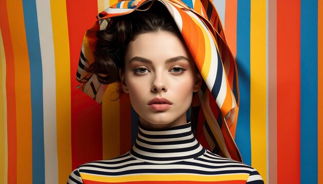 Stylish woman posing with a vibrant patterned headscarf and background. - Powered by Adobe