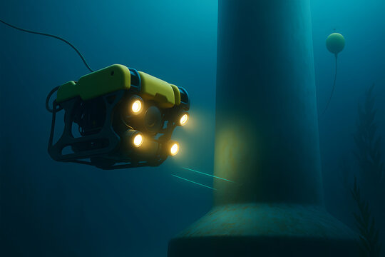 Underwater ROV drone inspecting offshore industrial structure with lights and scanning lasers in deep ocean