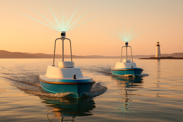 Autonomous unmanned surface vehicles with LIDAR sensors scanning ocean at sunset