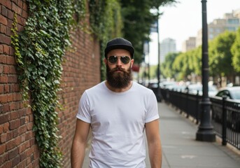 Hipster man with full beard and sunglasses wearing a white tshirt walks down a city sidewalk next to a brick wall covered in ivy