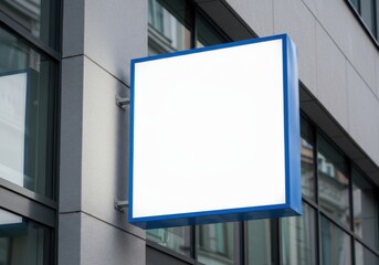 Blank square blueframed light box sign mockup mounted on a modern building facade with glass windows for advertising or branding