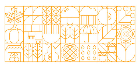 Autumn geometric pattern. Linear icons of leaves, pumpkin, pie, pear, raindrops, trees, mushroom, umbrella, acorn, sunflower, harvest and fall symbols. Vector orange outline seasonal grid layout tile © Vector Tradition