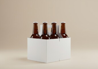 Four brown glass beer bottles packaged in a plain white cardboard carrier against a neutral beige studio background