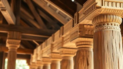 mortise. Ancient temple wooden framework detail showing mortise joints and weathered wood in natural light. real-estate listings.