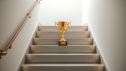 middleground. A golden trophy rests on a central staircase step, symbolizing achievement with elegant lighting and a minimalist polished metal surface. event key visuals.