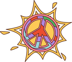 Cartoon vintage 80s groovy peace sign sun sticker or symbol. 70s 80s groovy sticker, vintage hippie vector tag. Cartoon retro funky patch or label with sunny pacific colorful symbol