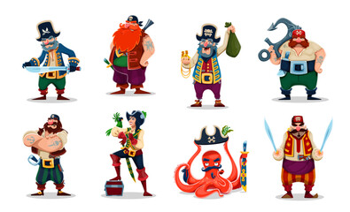 Cartoon pirate and corsair characters with funny octopus in captain black hat. Caribbean Sea pirate crew vector personages, angry sailor, boatswain, skipper and captain corsair characters with parrot