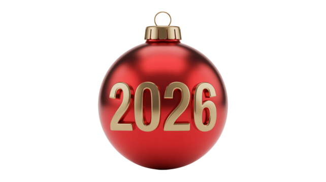 Festive 2026 red Christmas ball ornament with golden numbers, cheerful holiday decoration