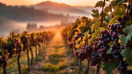 nebbiolo. Nebbiolo vineyard on Piedmont hills at sunrise with morning mist over grapes. menu design, packaging mockups, designed for culinary blogs and recipe cards for restaurants.
