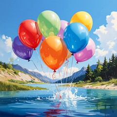 Colorful Balloons Floating Over a Serene Lake Landscape.