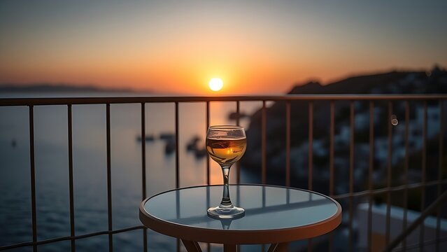 ouzo. Aegean Sea balcony at sunset with ouzo glass reflecting the golden hour light. inspiring travel planning, bar promotions, designed for food & beverage menus and cafe branding.