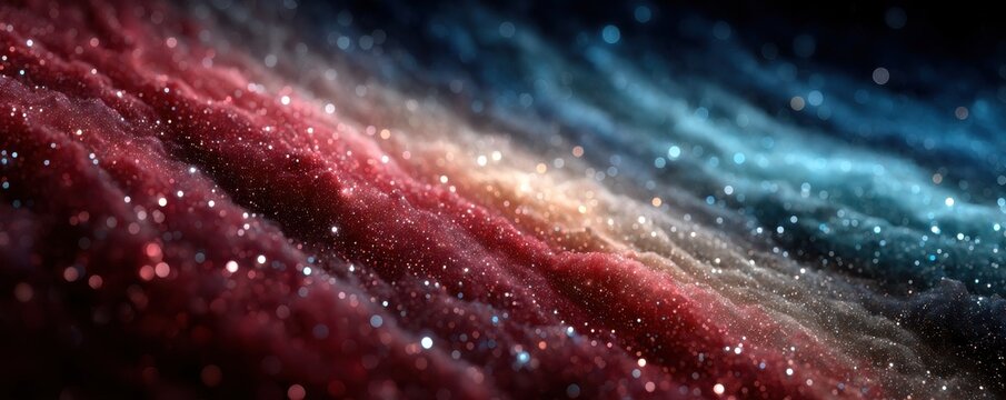 Abstract 3D background with red, white, and blue star streaks and sparkling particles