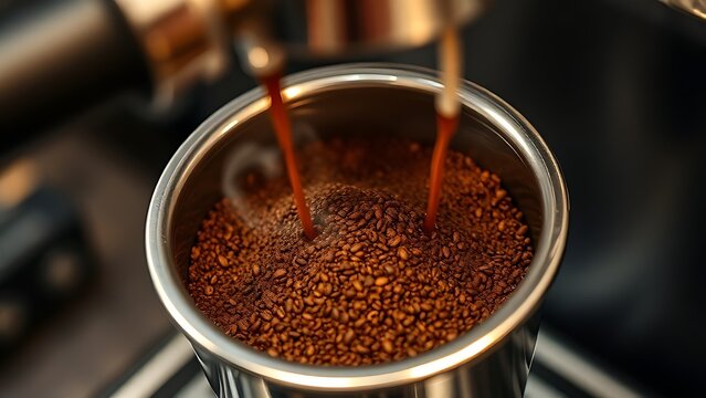 portafilter. Close-up of freshly ground coffee falling into a metal filter with rising steam. bar promotions, beverage menus, designed for product packaging and bar promotions.