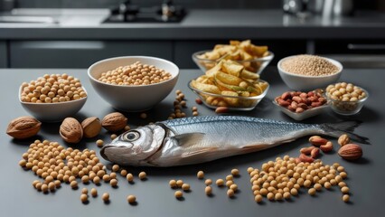 Healthy food ingredients displayed on a kitchen counter