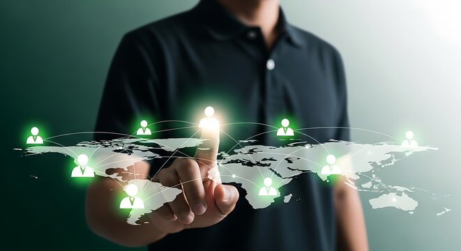 Global network communication with person touching virtual connection interface concept