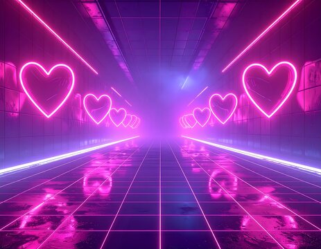 Futuristic tunnel with neon heart shapes, purple and pink lighting - Powered by Adobe