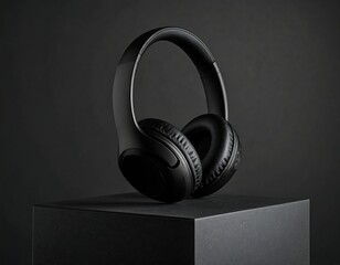 Black over-ear headphones rest on a dark square pedestal