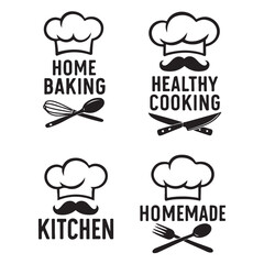 Cooking logo set with Chef hats, mustache and kitchen tools vector