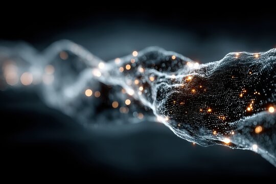 Futuristic digital wire with flowing binary code and glowing nodes intertwined in blue darkness