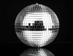 Black-and-white image of a disco ball. Reflective sphere