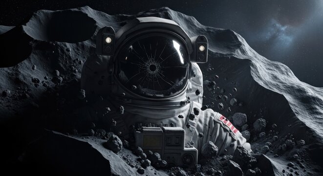 Stranded Astronaut with Cracked Visor on Rocky Exoplanet Surface