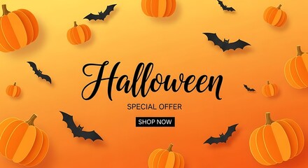 Halloween special offer with pumpkins and bats orange