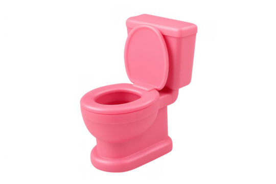 Pink miniature toy toilet with lid open in a dollhouse or kids' bathroom, playing and learning hygiene concept