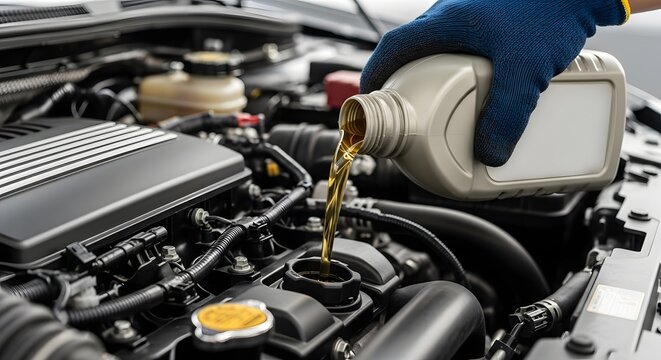 Close-up shot of a mechanic pouring oil into a car engine for maintenance.