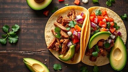 carnitas. Authentic Mexican tacos with fresh toppings, styled on a rustic wooden surface. menu design, packaging mockups, designed for culinary blogs and recipe cards for restaurants.