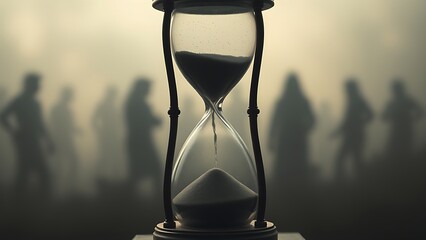 evanescence. An hourglass with liquid time dripping away, surrounded by faint ghostly silhouettes, symbolizing fleeting moments of life. wellbeing guides.