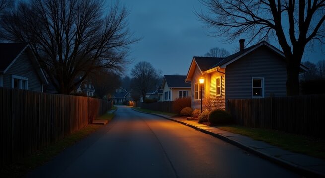 Nighttime view of a street with a house and a street light