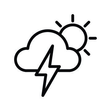 A simple line art icon representing a weather forecast with a sun, a cloud, and a lightning bolt. Weather Forecast and Season single line icon UI design.