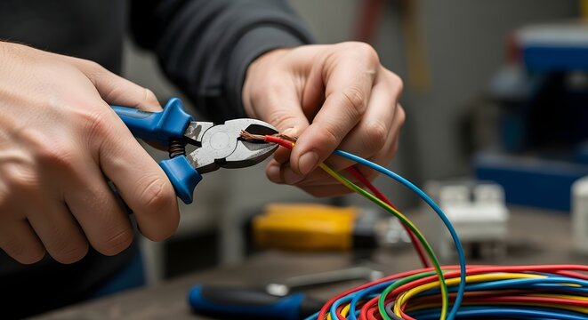 Close-up of an electrician's hands using pliers to cut a red electrical wire from a bundle.
