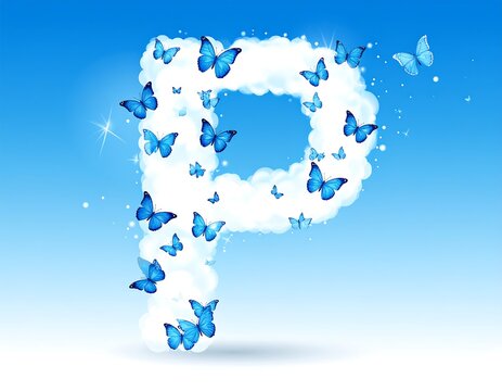 Blue butterflies flutter around a puffy, cloud-like capital letter "P
