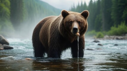 Obraz premium Grizzly bear wading in a river
