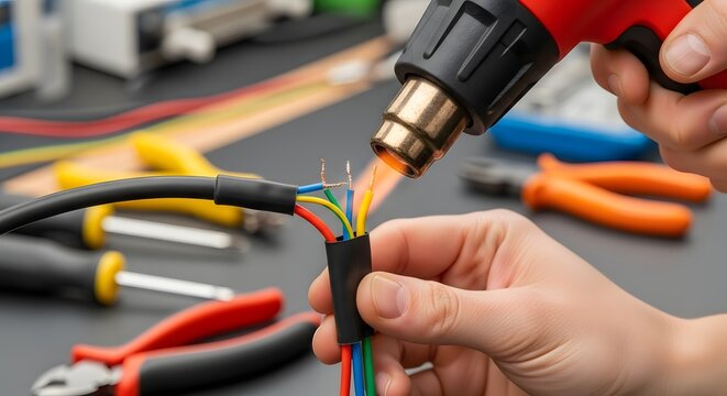 Close-up of hands using a heat gun to shrink tubing on electrical wires during an electrical repair or installation.