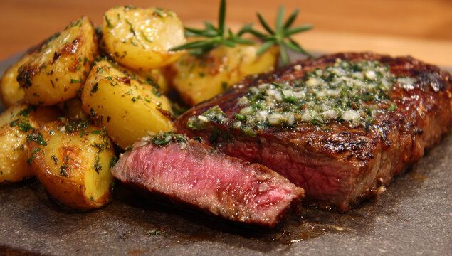 A perfectly cooked medium-rare steak topped with herbs and served alongside roasted potatoes garnished with fresh rosemary on a rustic wooden surface