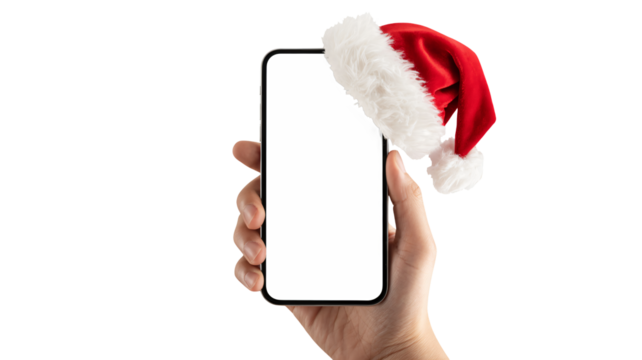 Cheerful hand holds festive phone with Santa hat mockup for holiday advertising campaigns