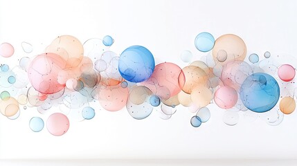 A collection of translucent, colorful spheres and bubbles of various sizes, interconnected by thin lines, floating against a clean white background. The spheres
