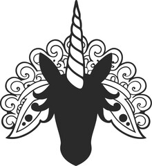 Stylish decorated unicorn head silhouette isolated on transparent background