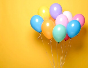 Bunch of colorful balloons against a bright yellow background
