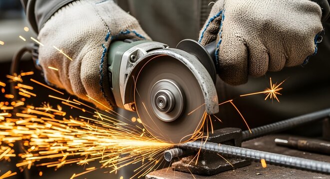 Close-up shot of a person using an angle grinder to cut metal, creating sparks.