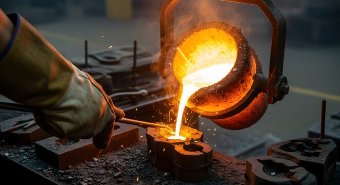 Molten metal being poured into a mold in a foundry.