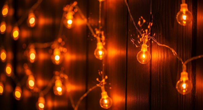 Warm glowing string lights illuminate a rustic wooden background