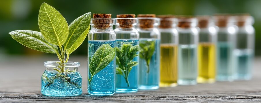 Bottled leaves in colorful glass vials with cork stoppers, blue and yellow liquids