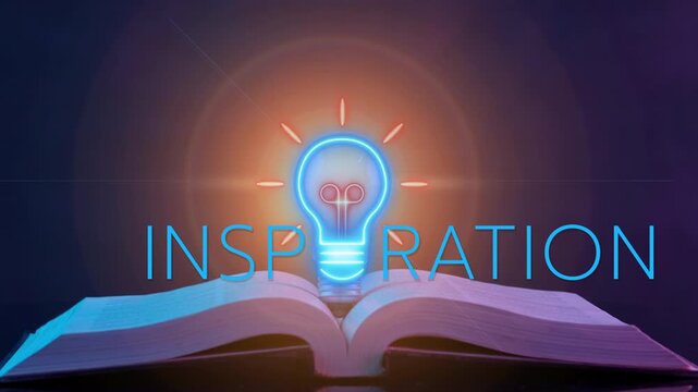 An animated neon text of "INSPIRATION" where the letter 'I' is a glowing light bulb. Represents creative ideas, motivation, and innovative thinking.