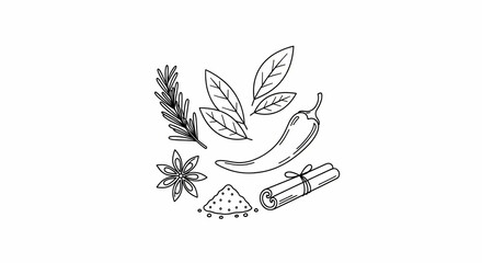 Illustration of herbs and spices with a rolled parchment in a simple line drawing style