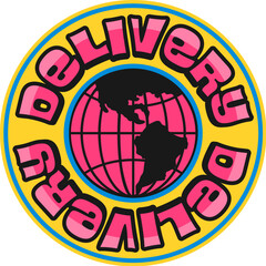 World delivery service globe Y2K groovy sticker or patch. Groovy Y2K vector terrestrial sphere patch, Earth funky globus label. Planet mesh sphere sticker with pink globe and funky typography