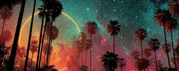 Neon framed palm trees at sunset with colorful cube frames over tranquil tropical sea